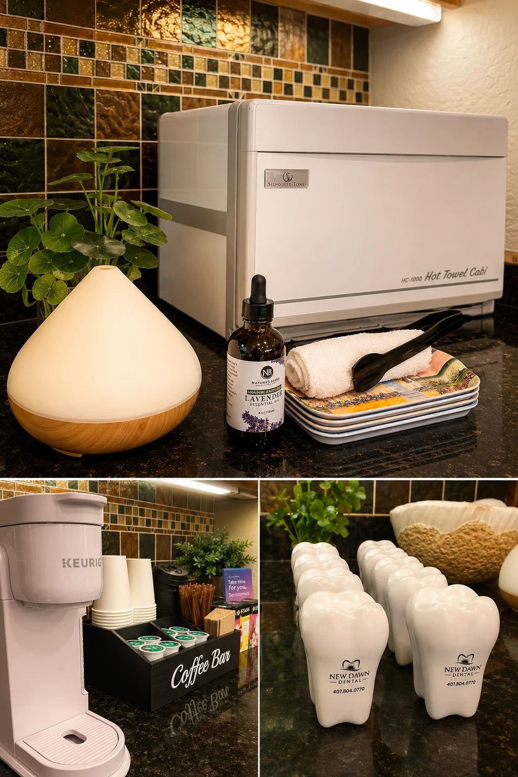 Office amenities collage showing a warm towel cabinet, diffuser, coffee station, and tooth-shaped New Dawn Dental containers