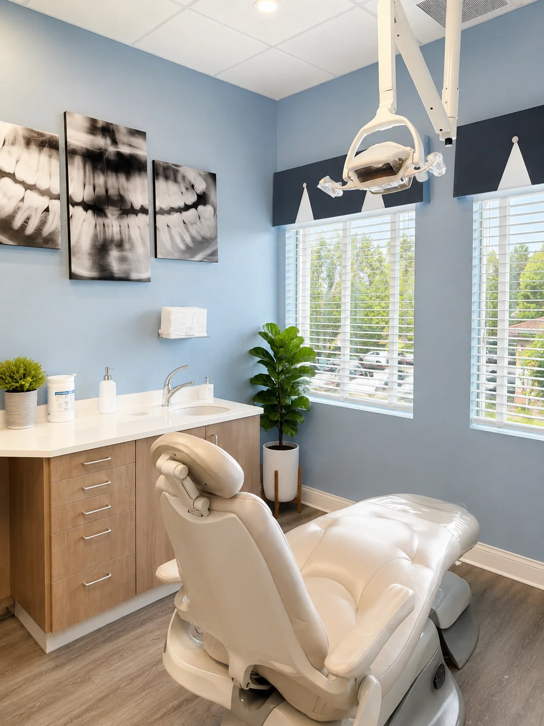 A dental treatment chair beside windows in a blue room with wood cabinetry and plants
