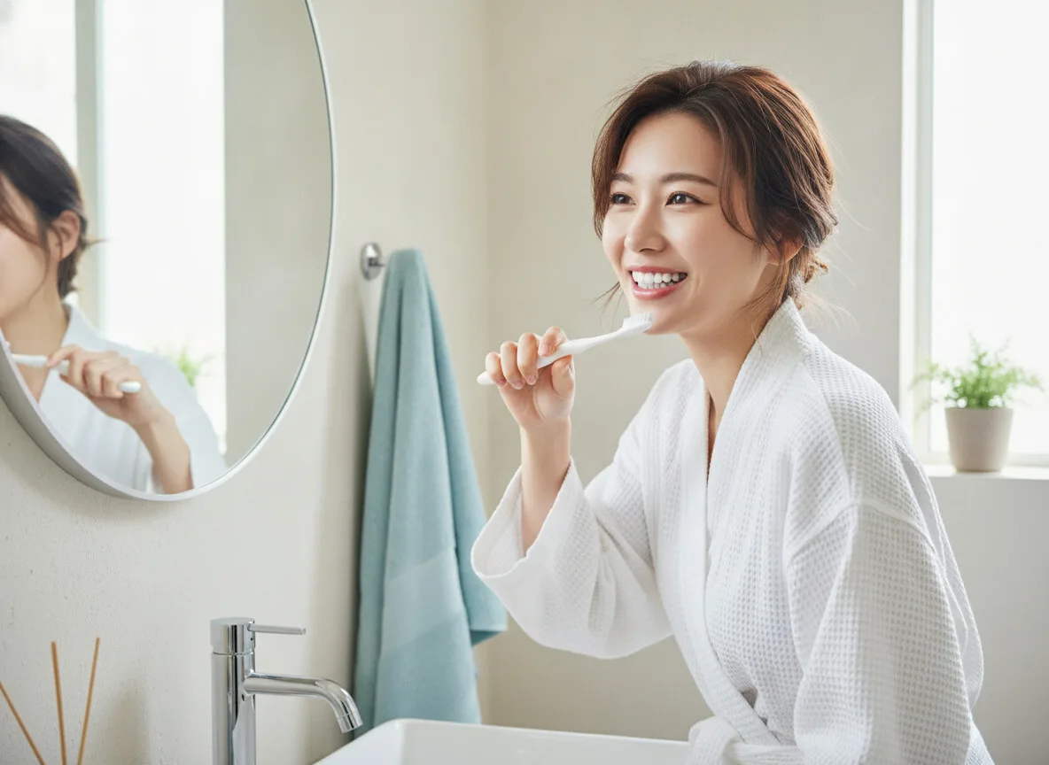 A woman brushing her teeth