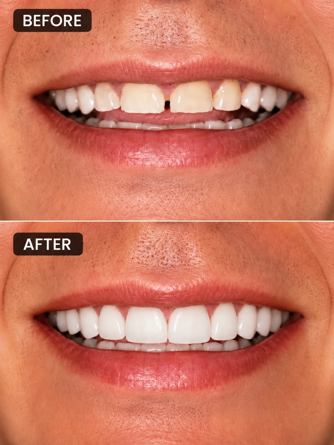 Featured before-and-after smile comparison, with the before photograph above the after photograph
