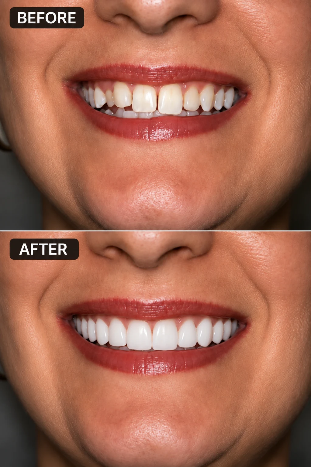 Before-and-after smile comparison showing the lips, teeth, and chin in two photographs