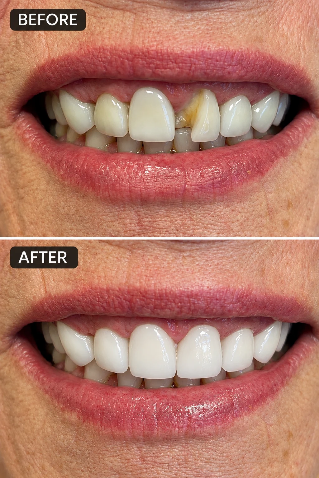 Before-and-after close-up comparison of the front teeth, shown in two vertically stacked photographs