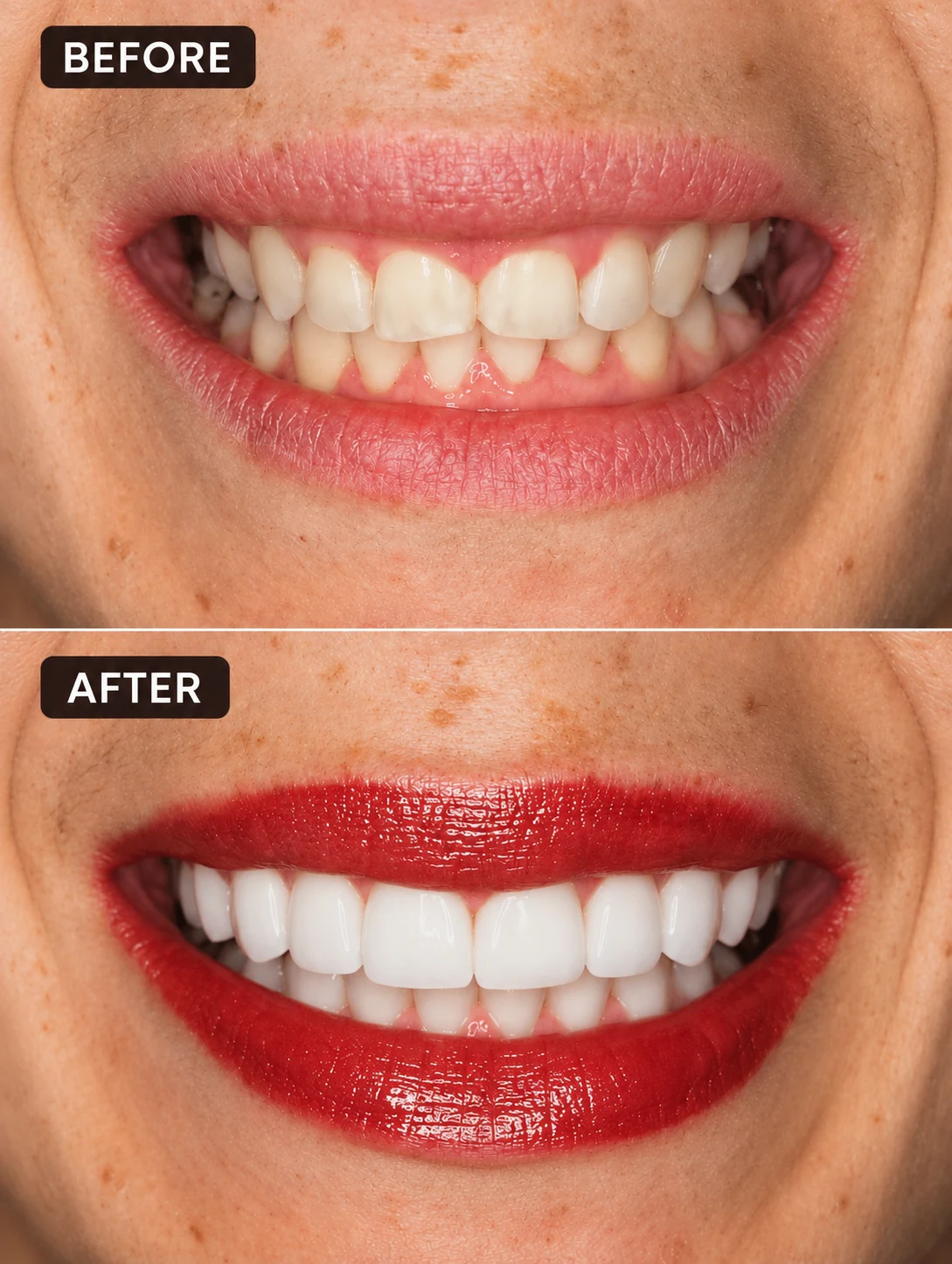 Before-and-after smile comparison, with a close-up smile above and a smile with red lipstick below