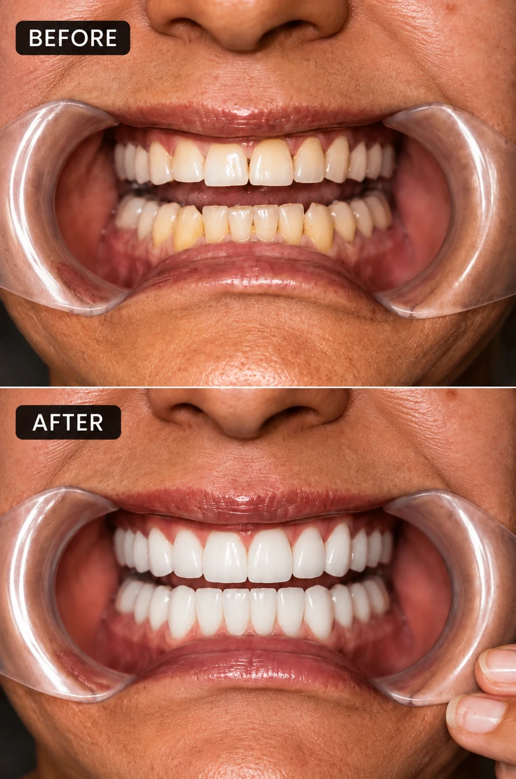 Before-and-after dental comparison showing the front teeth with cheek retractors in both images